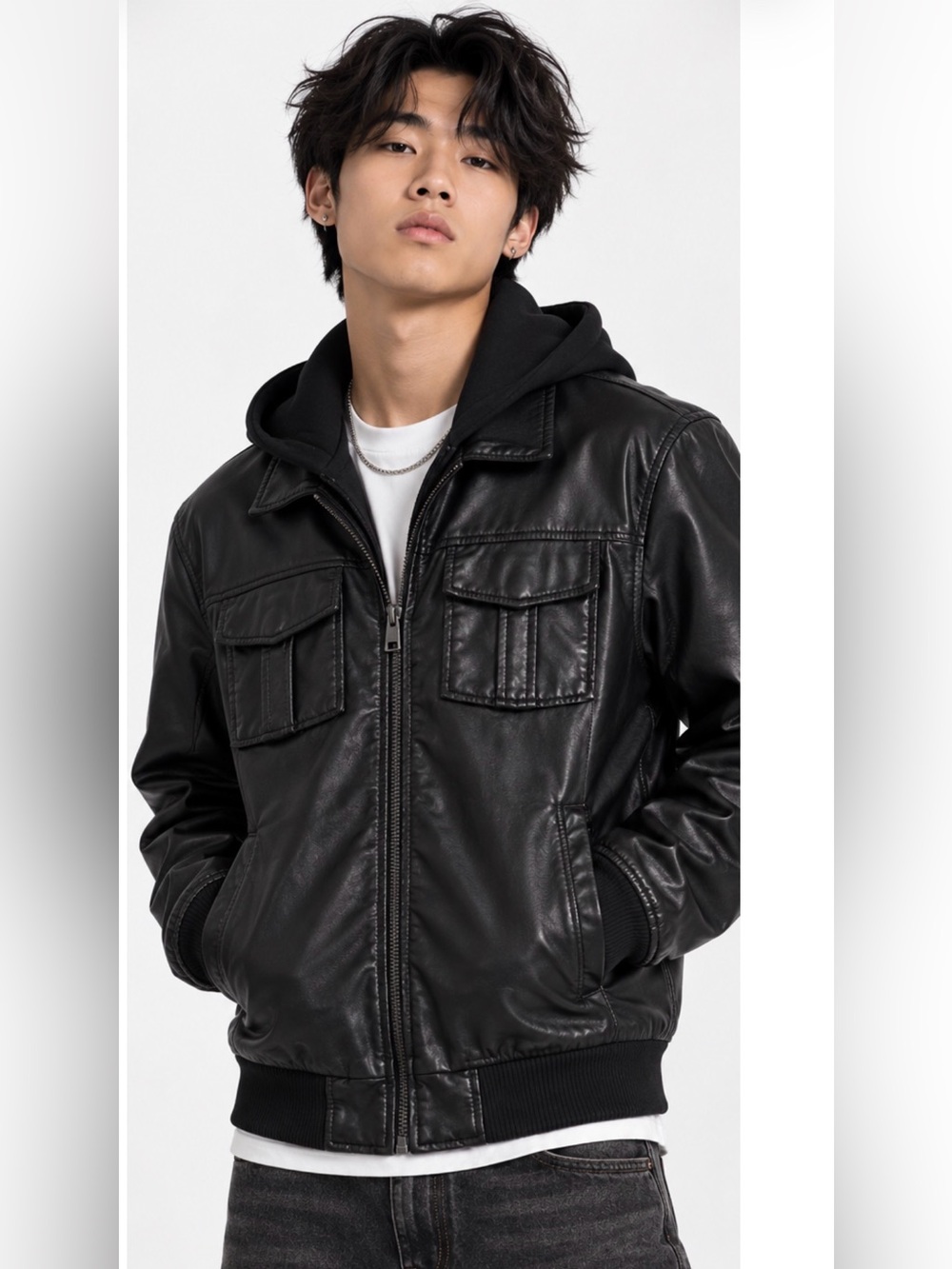 Black Rivet Black Faux-Leather Hooded Bomber with Chest and Interior Pockets